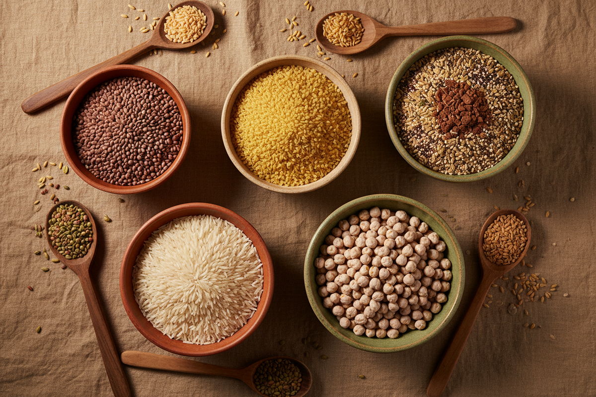 Grund-Nahrungsmittel, Reis, Bulgur, etc.